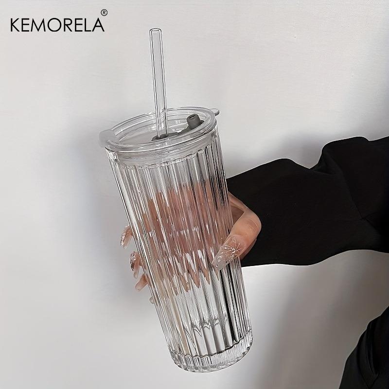 1PCS Crystal Grid Glass Tumbler with Straw & Lid Diamond or Vertical Stripe Texture Large Capacity Reusable Cup for Iced Coffee