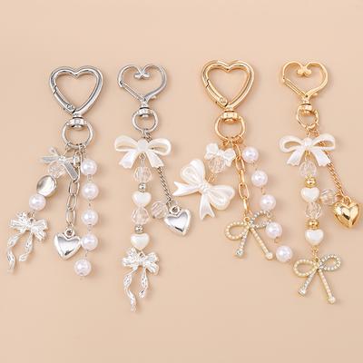 Cute Bowknot Love Heart Keychain Simulation Pearl Keyring Pendants for Women Girls Handbag Decor DIY Handmade Key Chain Gifts