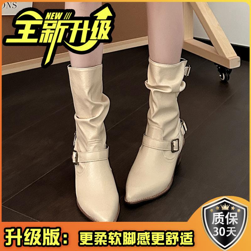 French niche design thick heel western cowboy boots women's 2025 summer new temperament fashionable versatile stacking boots