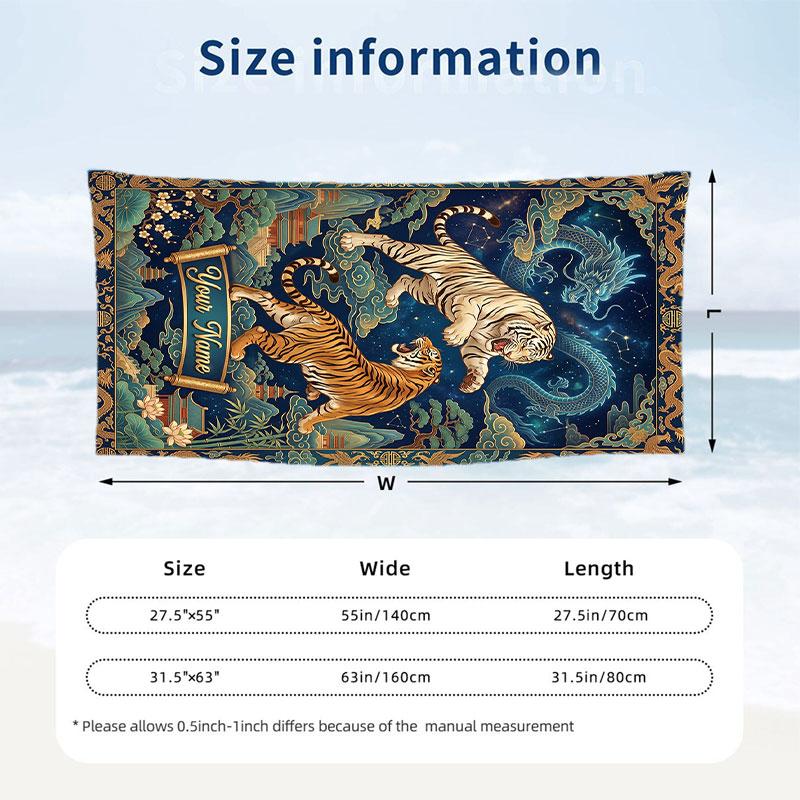 Tiger Dragon Fantasy Theme Quick Dry Beach Towel Custom Name Text Print Large Sand Resistant Towel Beach Vacation