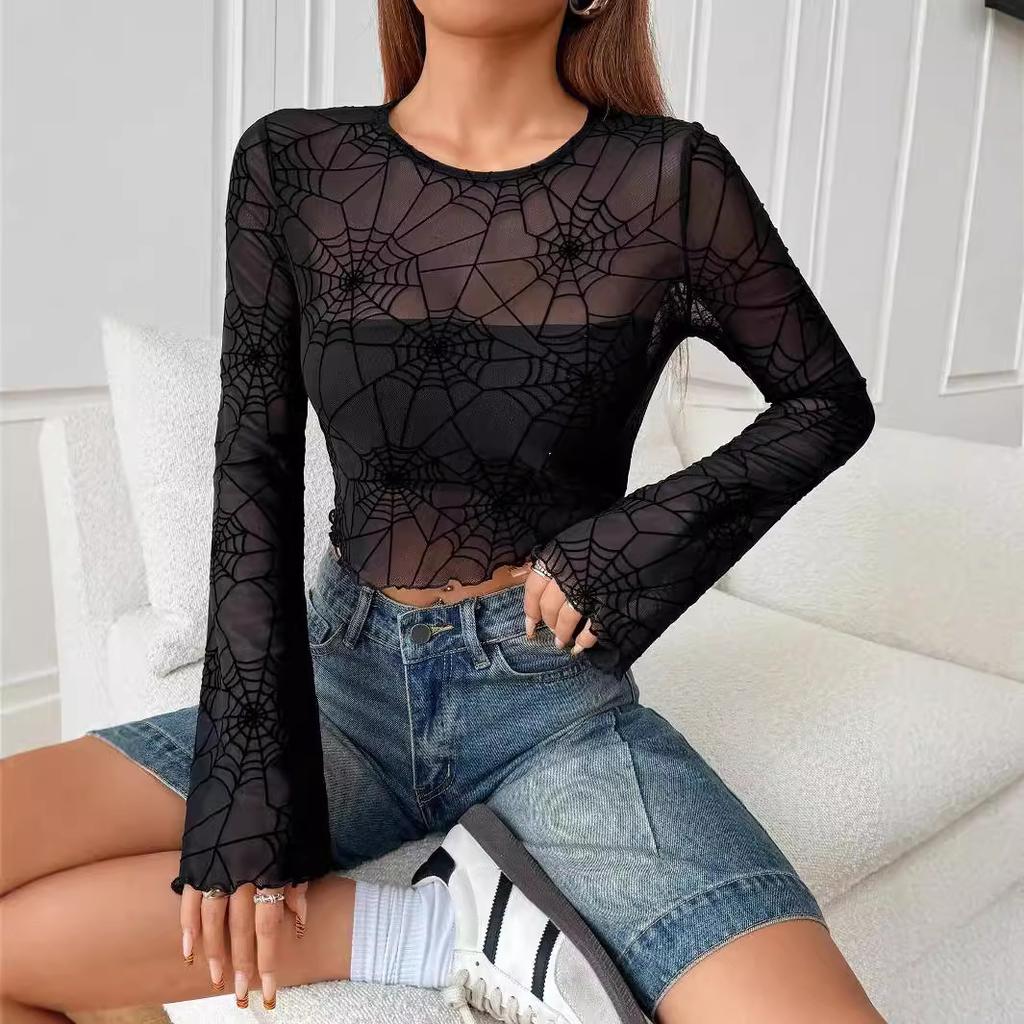Spring Women's Elegant Black Sheer Wooden Ear Trim Spider Web T-Shirt