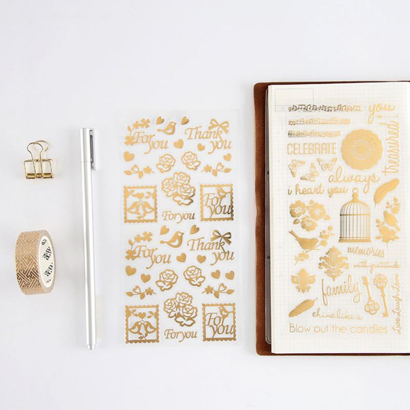 Gold Stamping Flat Stickers Cat English Flower Decals Decorative Stationary Scrapbooking Gift Girl