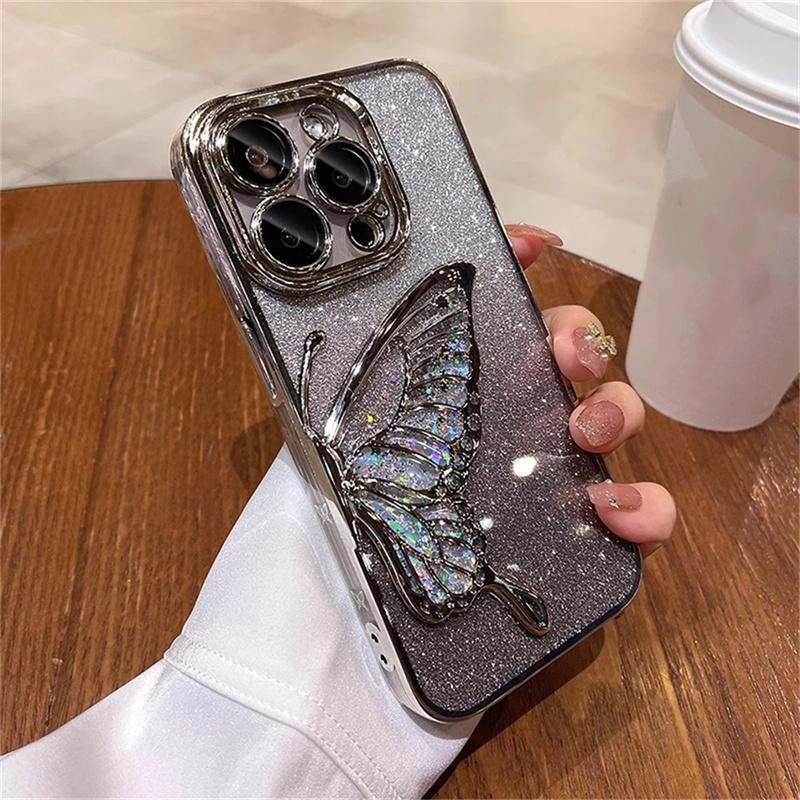 Bling Glitter Cute 3D Butterfly Flowing Quicksand Case For iPhone 16 15 11 12 13 14 Pro Max Gradient Color Soft Plating Cover