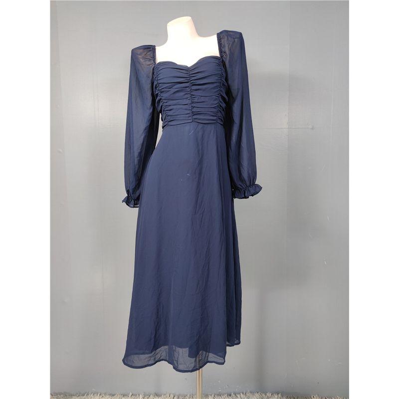 

Foreign Trade Order 2025 Summer New Elegant Long sleeve Big Hemline Dress Light Chiffon Open Collarbone Jumpsuit Long dress Dark Blue M