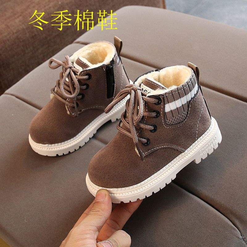 Boys Martin Boots Fleece Children's Fly Knitting Autumn and Winter Large Cotton Thickened Children's Single Boots Girls Shoes Warm Baby Shoes