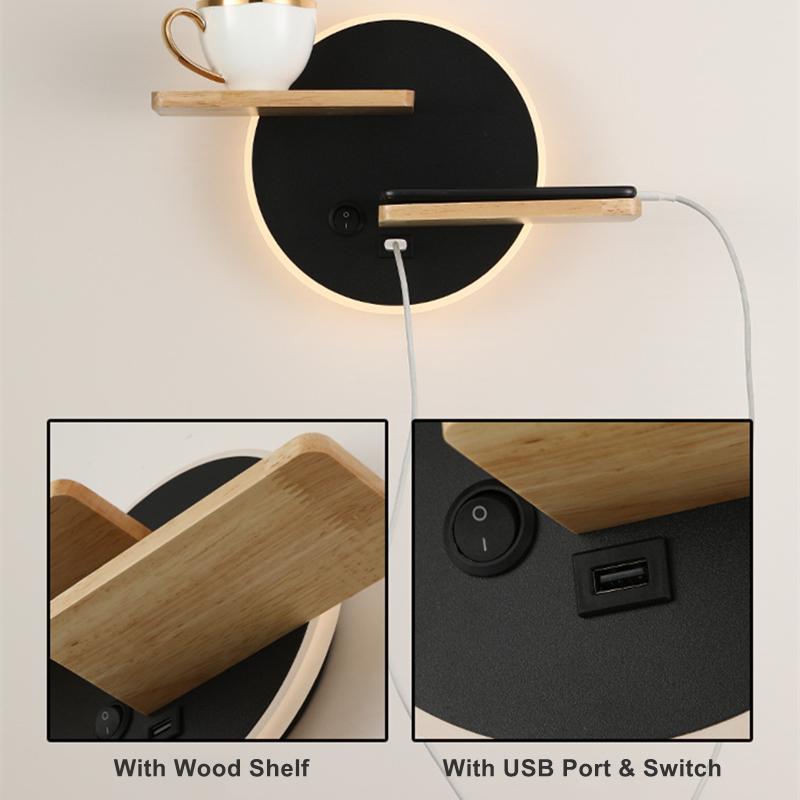 Modern LED Wall Lamp With Switch USB Charging Port Shelf Bedroom Bedside Light Indoor Moon Night Decoration Lighting Fixture