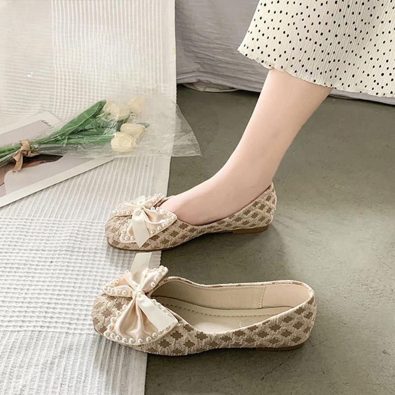 Fashion Ladies Footwear Low Heel Elegant with Bow Pearl Women's Flat Shoes Lastest Genuine Mark Chic Point High Quality Fashion Non Slip