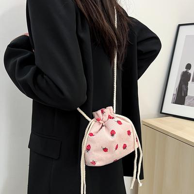 Cute Strawberry Bag Women 2025 New Fashion Corduroy Bucket Bag Simple Small Fresh Shoulder Messenger Bag Tide