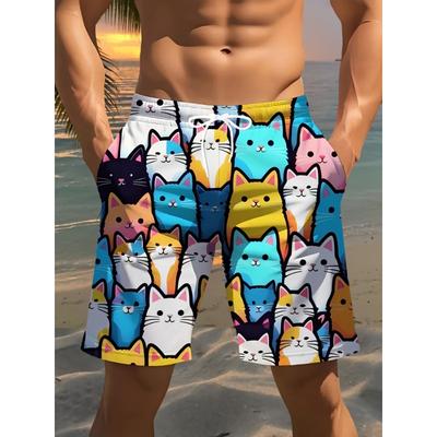 Plus-Size Men'S Beach Shorts Featuring a 3D Cat Pattern Print - Casual Polyester Drawstring Waist, Men'S Swim Trunks
