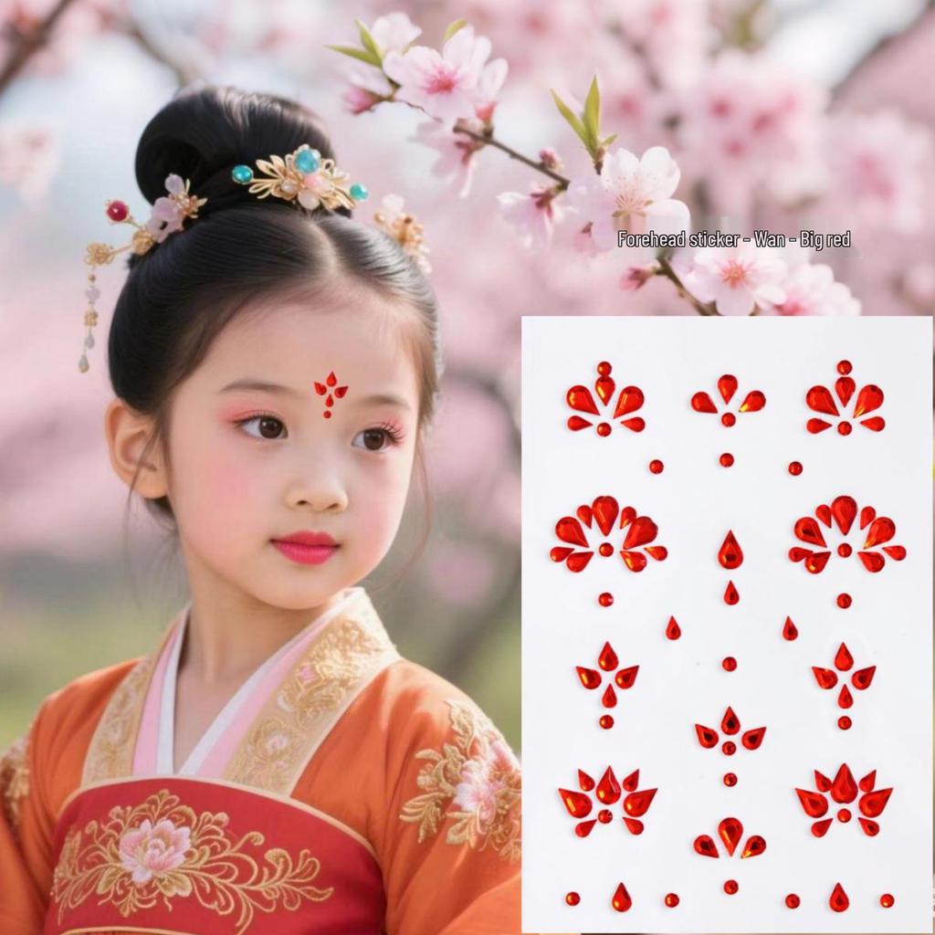 Ancient Style 3D Forehead Gem Stickers for Hanfu Costume - Children’s Glitter Gem Eye Corner and Tear Design
