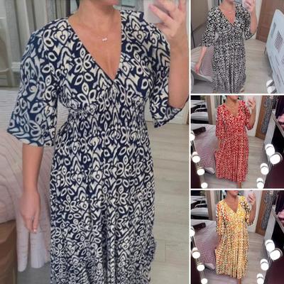 Women's Summer Floral Boho Dress V Neck Short Sleeve Ruffle Floral Midi Dress Casual Beach Flowy A-Line Sundress