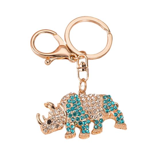 Keychain Pendant 3D Cartoon Rhinoceros Design Sparkling Rhinestones Inlaid Key Chain with Lobster Clasp Key Ring Bags Accessories