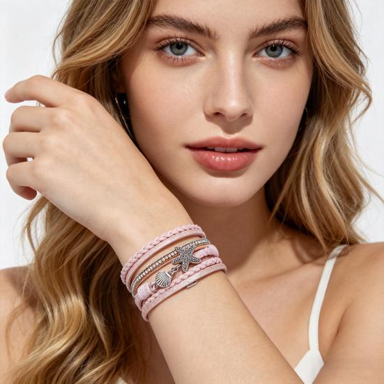 Damen geflochtenes Armband mehrlagig böhmisch Kunstlederseil Seestern Muschel Dekor Sicheres Verschluss Armband Handgelenk Accessoire