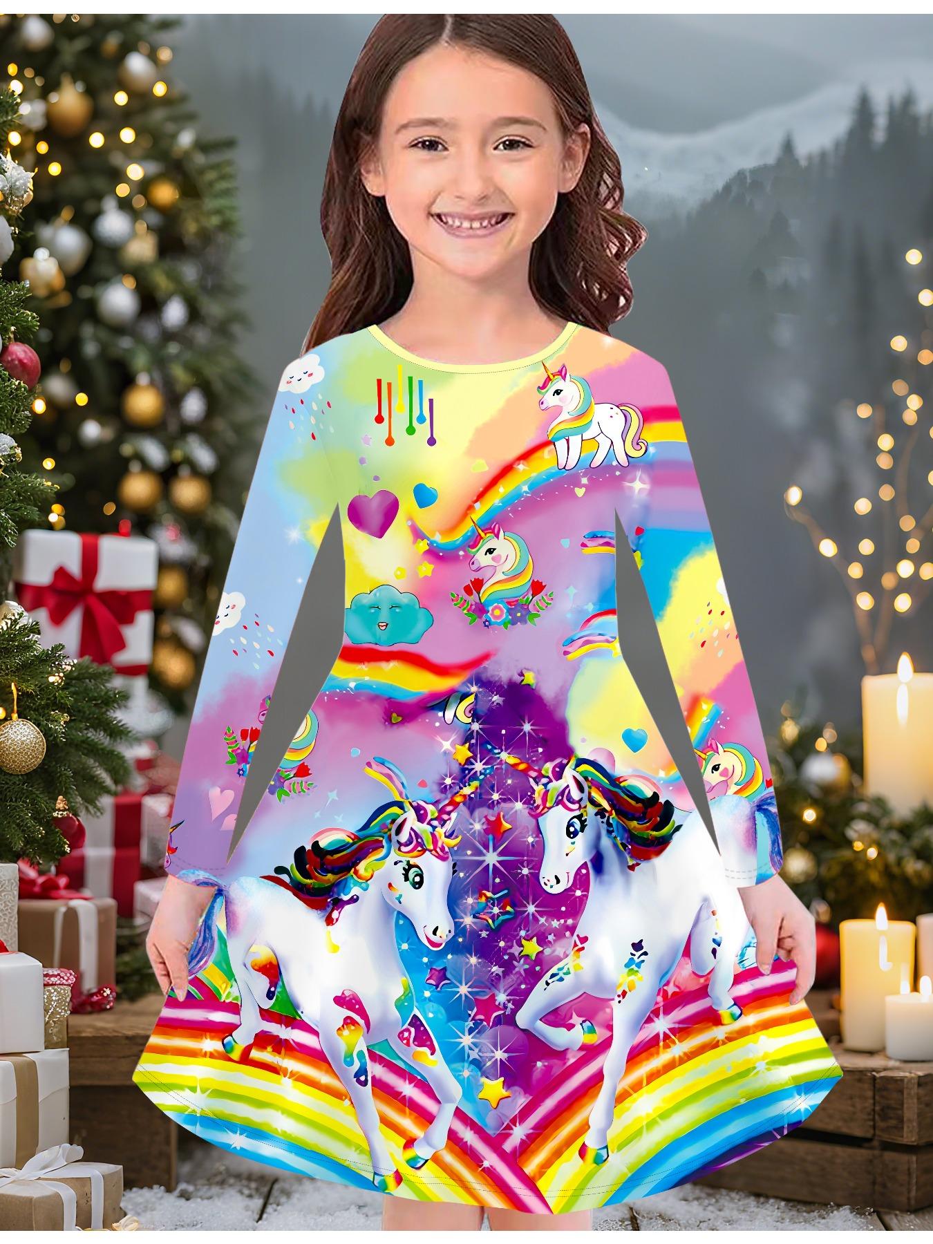 

Модное осенне-зимнее платье для девочек, с 3D принтом единорога, с круглым вырезом, длинное, детское платье-футболка, повседневное, универсальное, рождественская одежда 170 жёлтый