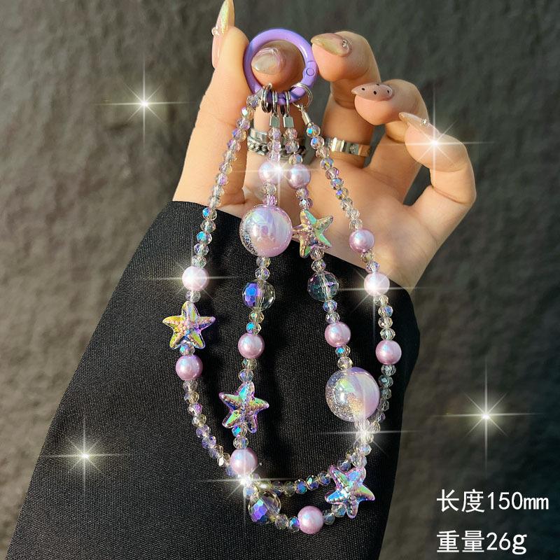 New Crystal Starfish Double Layer Phone Chain Short Crystal Pearl Beaded Phone Strap Wrist Bag Pendant Anti-Lost