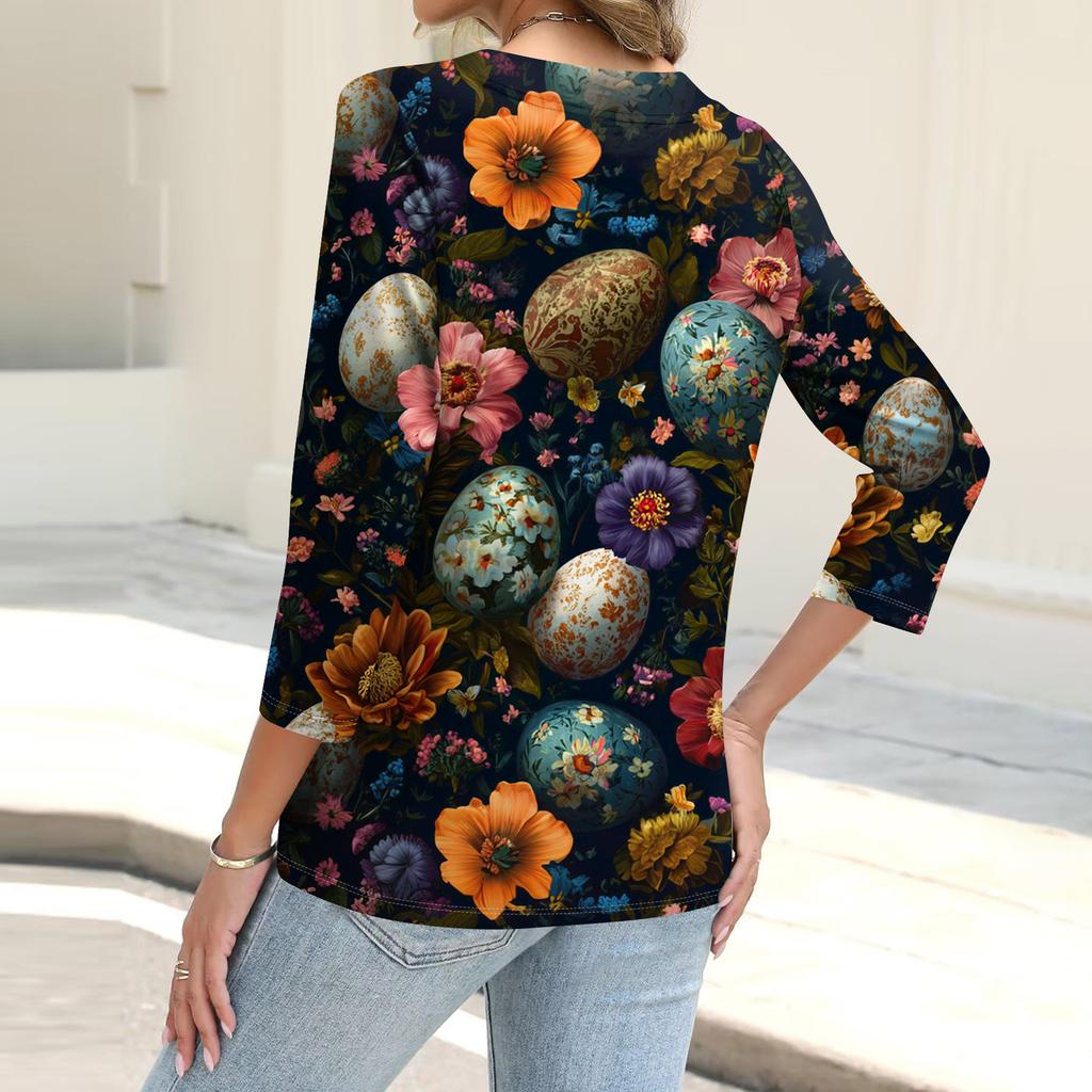 Women's Fashion Casual Print Button-down Shirt 3/4  Sleeve Tops