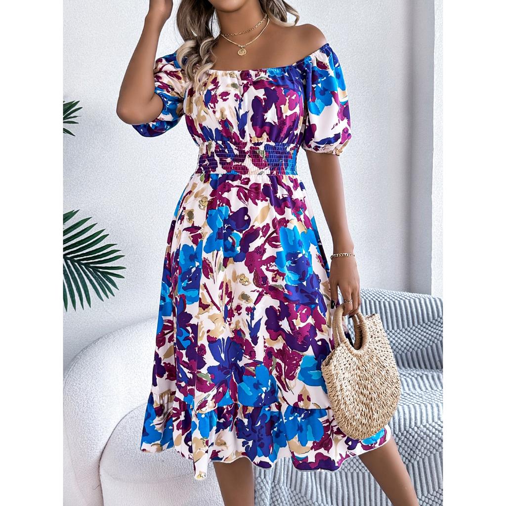 GMXIA Spring and Summer Casual Flower-patterned Short-sleeved, Waist-cinched, Ruffled A-line Skirt Women's Wear