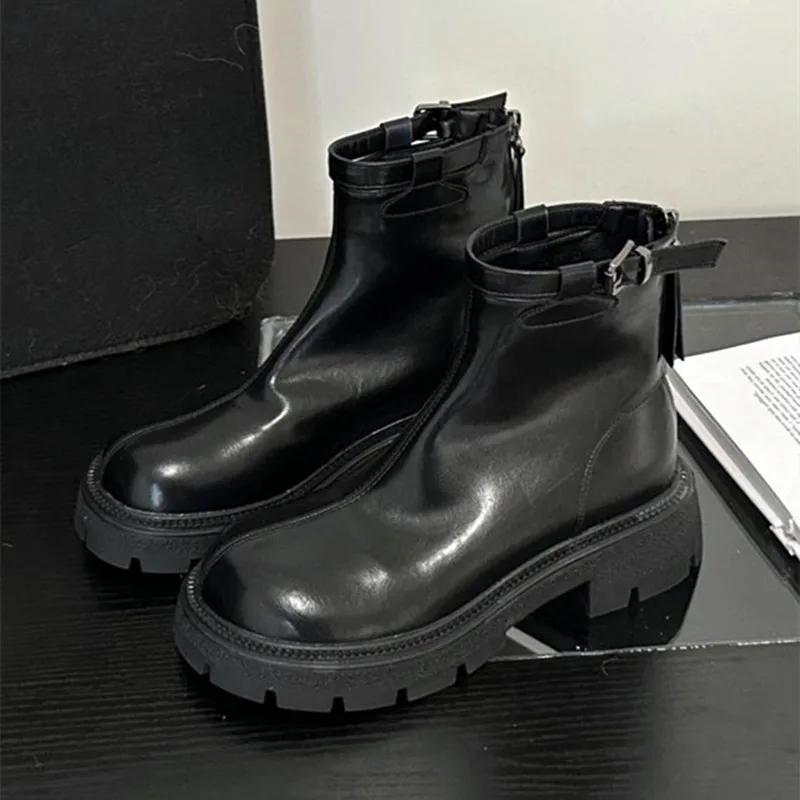 

Мода 2025 Осень Зима Женские Ботинки на Массивной Платформе Мягкие Кожаные Эластичные Ботильоны Модные Ботинки Рыцарь с Пряжкой На Ремне Сзади Молния Дизайн 40 чёрный