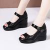 Women Summer New Leather Wedges Peep Toe Sandals Thick Sole Hollow Out Lightweight Breathable Velcro High Heel Cave Sandals