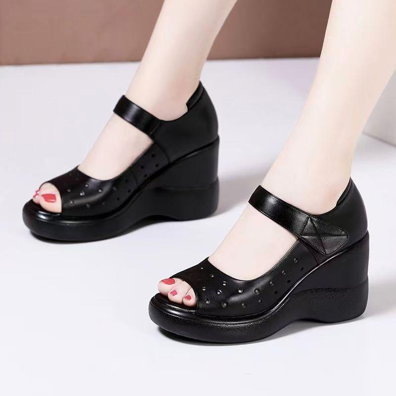 

Women Summer New Leather Wedges Peep Toe Sandals Thick Sole Hollow Out Lightweight Breathable Velcro High Heel Cave Sandals 35 чорний