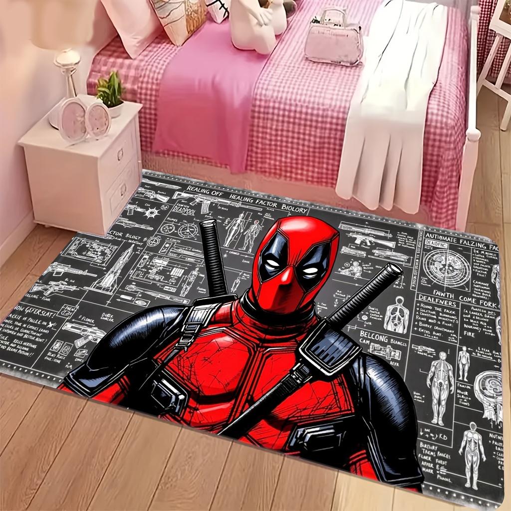 Authorized 1pc Cartoon Printed Rug, Deadpool Red Black Battle Suit Holding Dual Knives Mechanical Drawing Background Pattern E