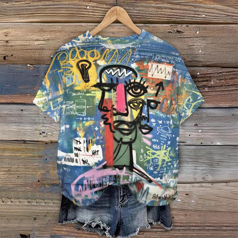 

Жіноча футболка графіті друк літній O-подібним вирізом повсякденний короткий рукав жіночий вільний модний мультфільм пуловер жіночий дизайн вуличний одяг XL