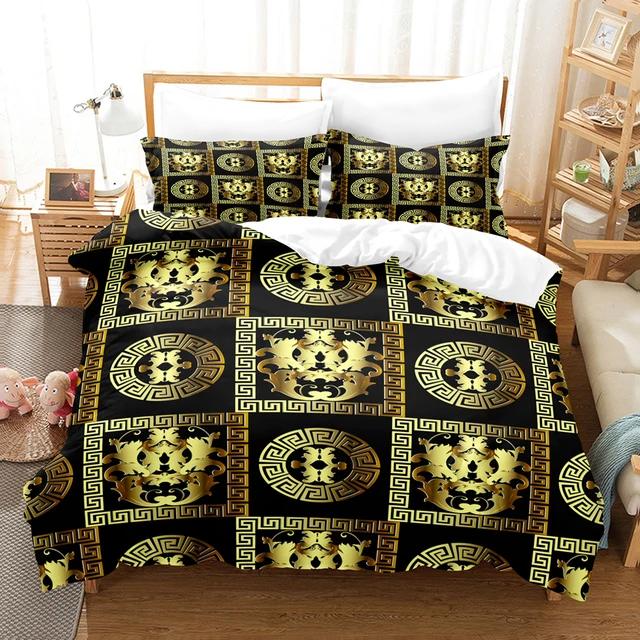 Black Golden Bedding Set New Greek Key Meander Duvet Cover Sets Luxury Comforter cover set Queen King Size for home decor quilt