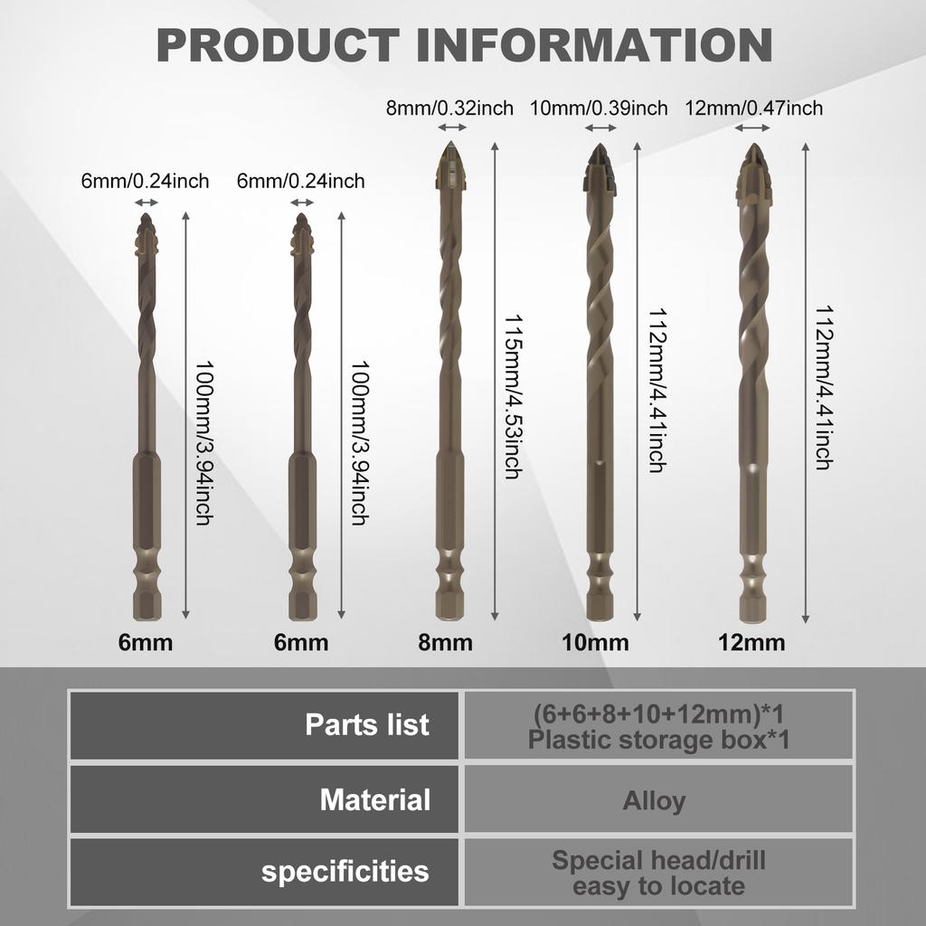 Serrated Masonry Drill Bit Set 6/8/10/12mm High Strength Special Serrated Twist Bits Multi-Purpose Masonry Drill Bit for Tile