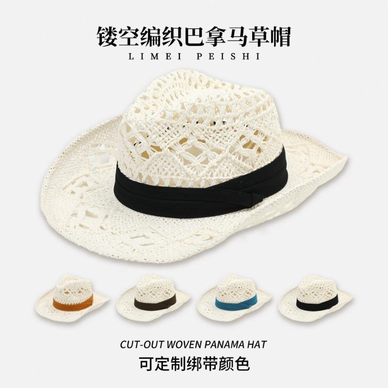 New hat hand-woven natural grass denim hat hollow strap top hat