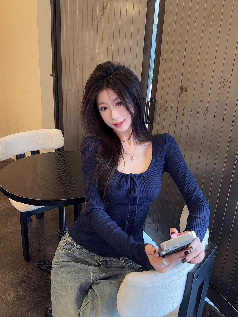 Spicy Girl Lace-up Long Sleeve Slimming Ribbed T-shirt – Autumn/Winter Trendy Top