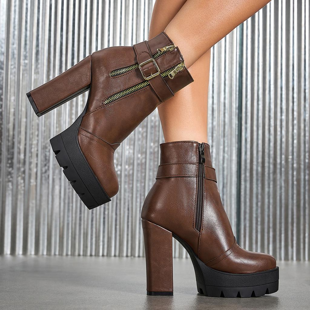 Autumn and winter supply fashionable thick-soled high-heeled large-size side zipper low-tube Martin boots for women