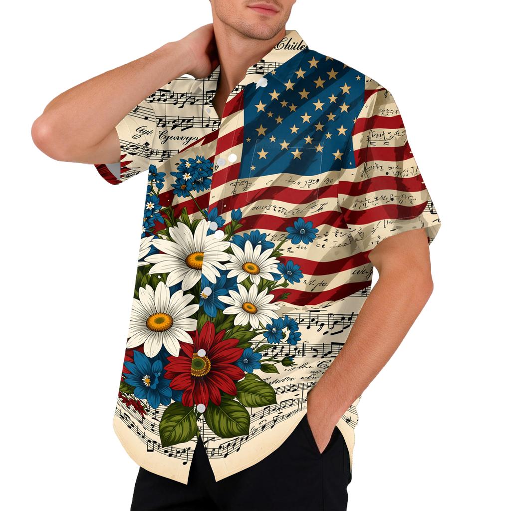 Men's Casual Printed Short Sleeve Open Front Cardigan, Independence Day Festival Tops
