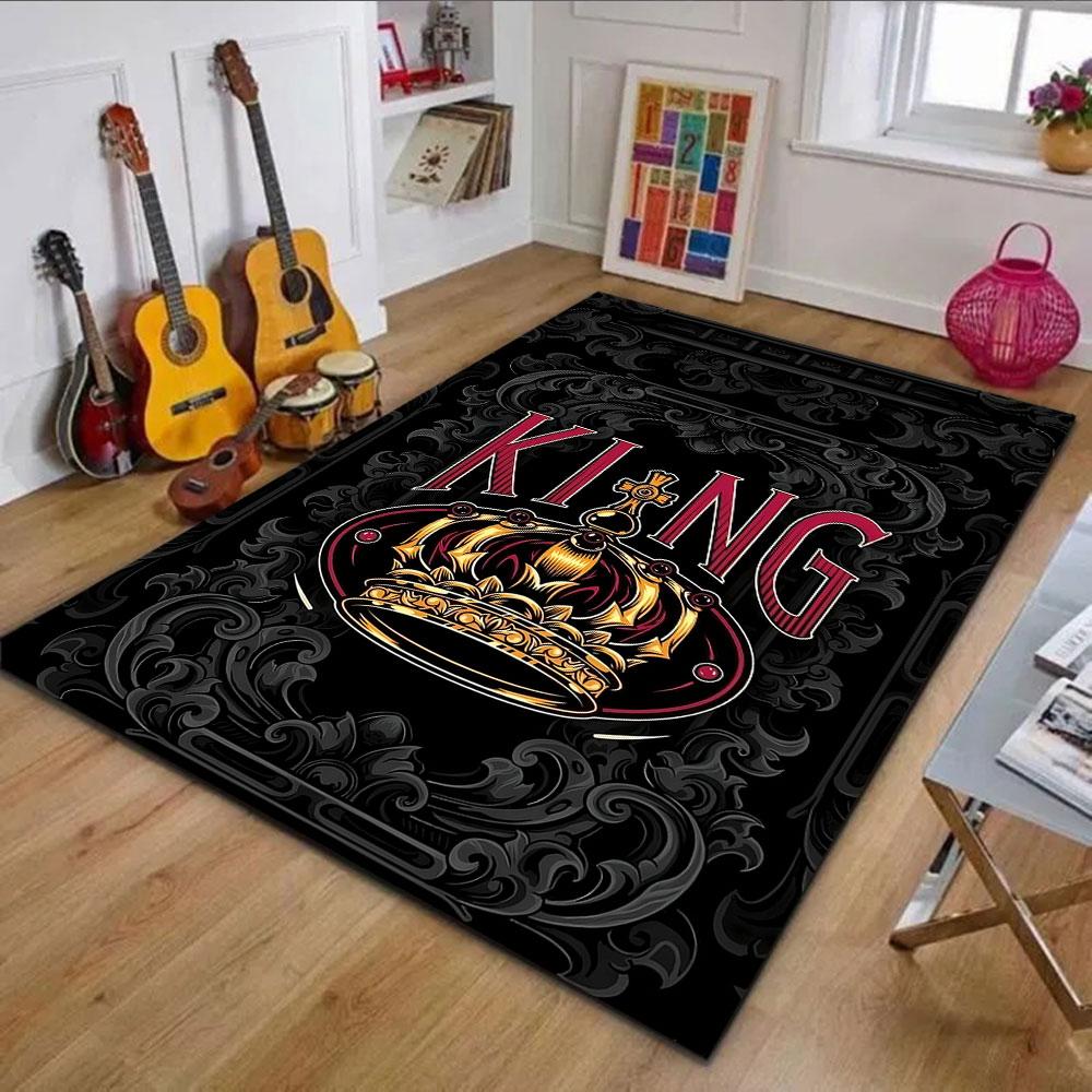 Regal Crown on Black Background Patterned carpet, non slip mat suitable for living room and bedroom sofas