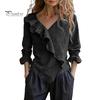 V-neck Women Top Tops V Neck Long Sleeve Ruffle Design Solid Color Commuter Blouse Loose Fit Work Party Casual Daily Wear Slim