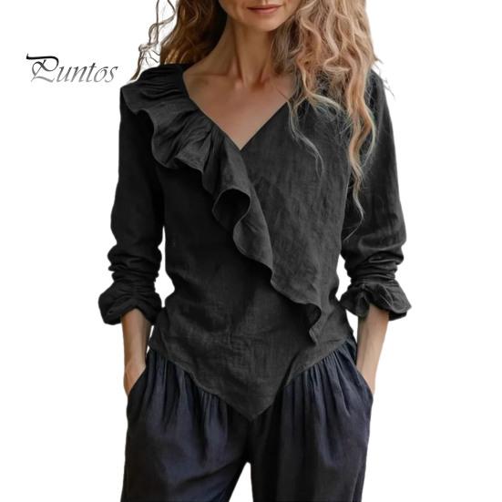 V-neck Women Top Tops V Neck Long Sleeve Ruffle Design Solid Color Commuter Blouse Loose Fit Work Party Casual Daily Wear Slim