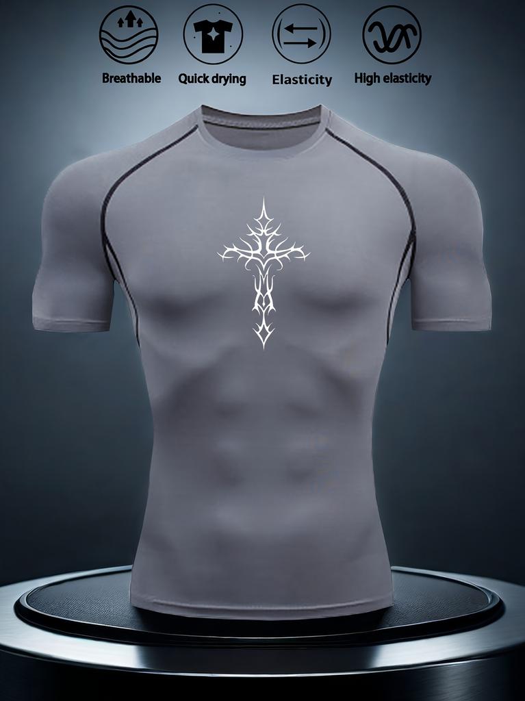 Men's Grey Compression T-Shirt with White Thorn Cross Print, Elastic Quick Drying Breathable Gym Workout & Sports Training Top