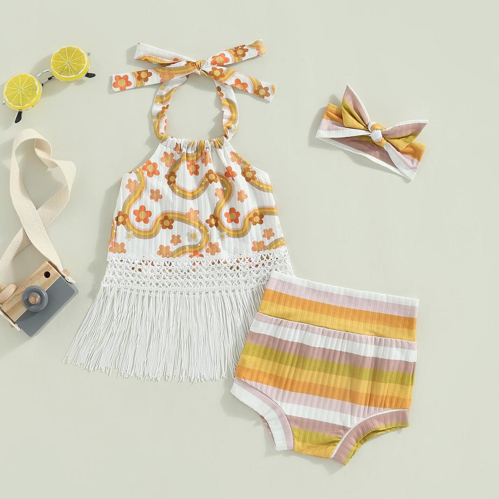 Baby Girl Summer Outfit Flower Print Tassel Hem Tie-Up Halter Neck Sleeveless Tank Tops Stripe Shorts Headband 3Pcs Clothes Set
