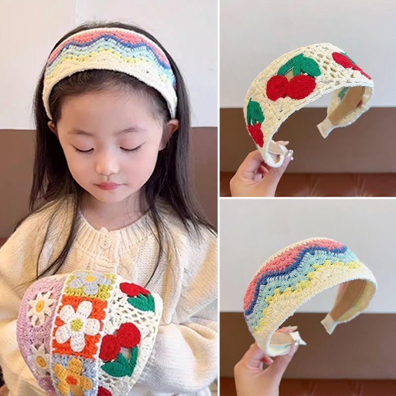 Children's sweet knitted embroidery wool flower headband girl finishing broken hair artifact wide edge headband hair accessories hairpin