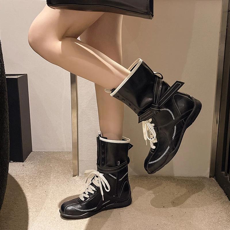 Luxury Vintage Booster Boots Women's Fall Autumn Winter Boxing Frosted Leather Lace-up Ankle Boots Zapatos De Mujer Hot Selling