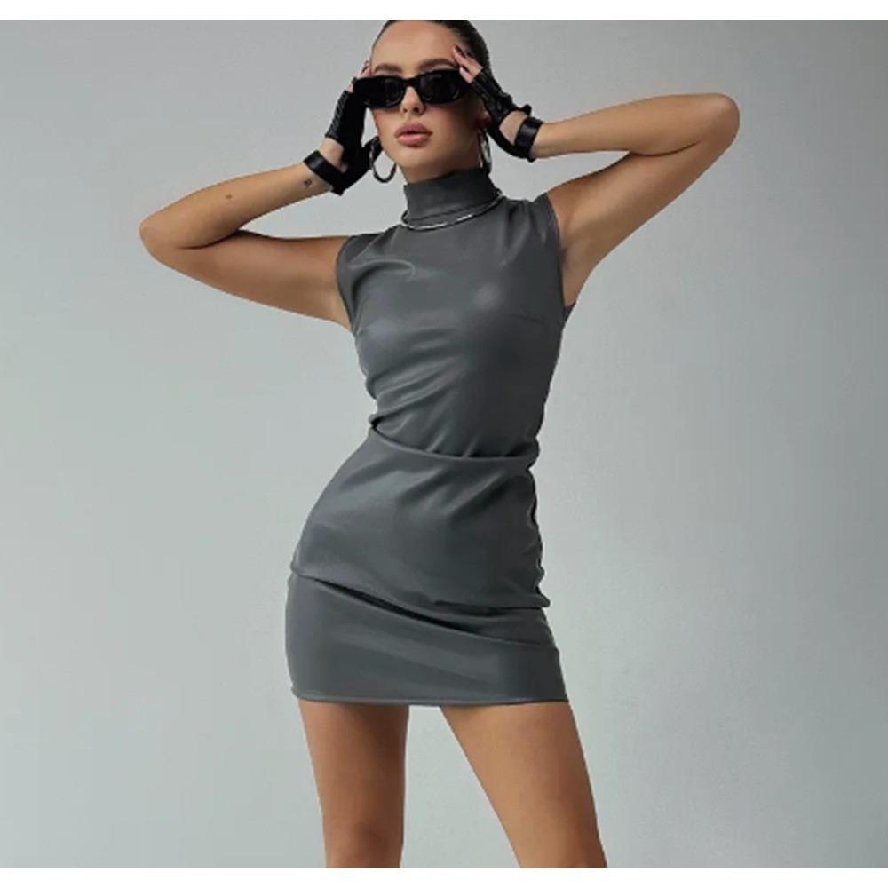 Módní PU kožené minišaty Dámské Elegantní Stojáček Bodycon Krátké společenské šaty Dámské Sexy Tenké večerní vestidos bez rukávů