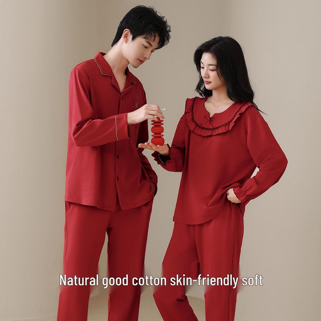 Red Zodiac Cotton Pajamas Set: Long Sleeve & Pants for Couples - Autumn/Winter Wedding & Home Wear