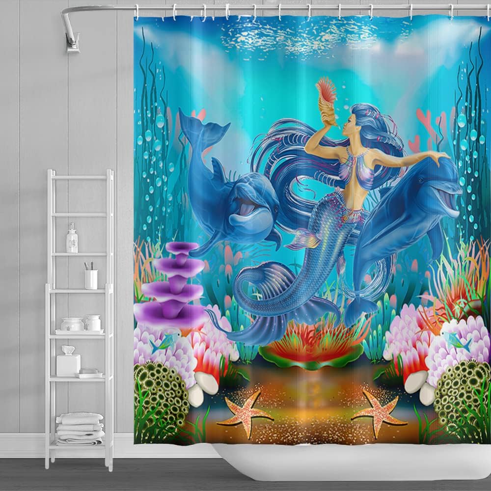 

Marine Animal Tropical Fish Seahorse Shower Curtain Blue Ocean Children S Bathtub Shower Curtain Polyester Fabric With Hook W60H190(CM)-1 Pcs