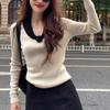 Core-spun Yarn Washing Water, Korean V-neck Contrasting Flower Knitted Sweater for Women's Autumn and Winter with Slim-fit Sweater