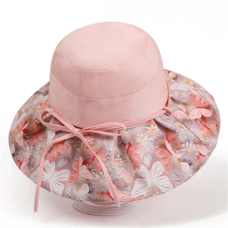 Summer Travel Big Brimmed Fisherman Hat, Women's Printed Bow Sun Hat Face Covering Beach Hat Sun Hat UV Protection
