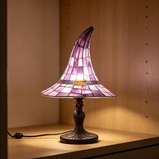 Yousheng Buntglas Hexenhut Lampe, USB-betriebenes Nachtlicht, Handgefertigte Harz-Buntglas Schreibtischlampe, Halloween Gothic Dekor für Schlafzimmer