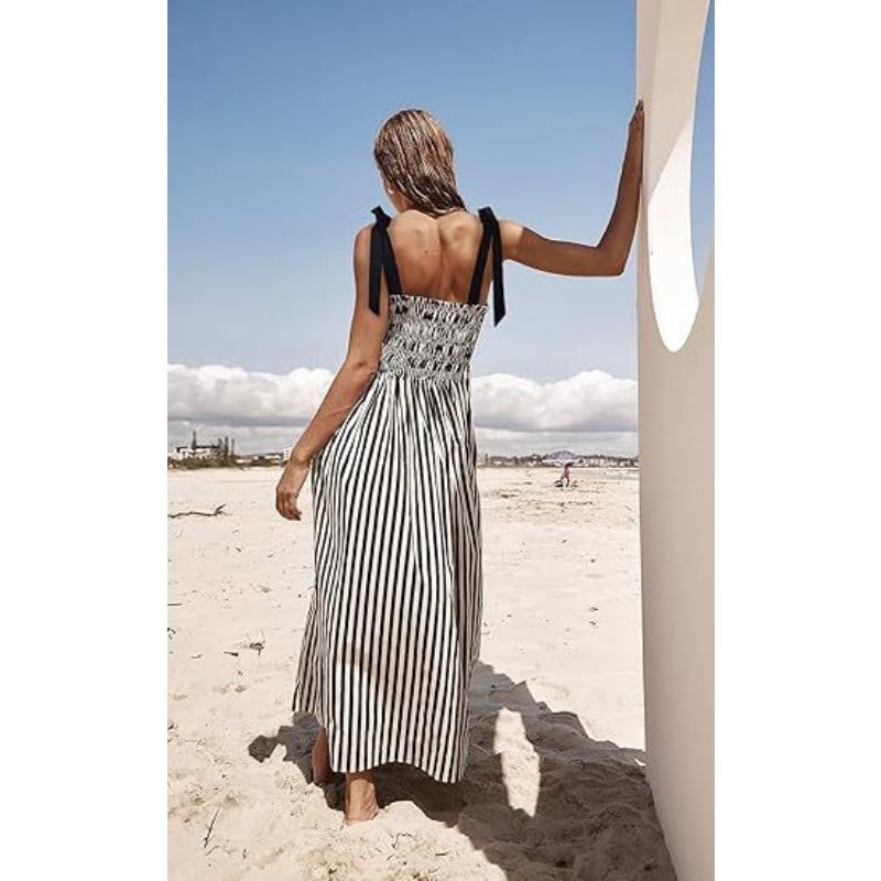 VEZFAA Women's Fashion Summer Spring Stripe Print Sleeveless Suspenders High Waist Casual Dresses