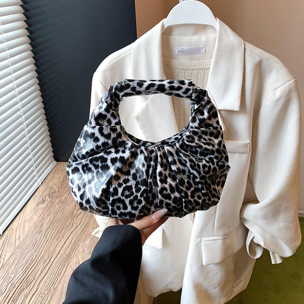 Pu Leopard Print Handbag Black Crescent Bag Simple Pu Leather Handbag  Make Up Bag