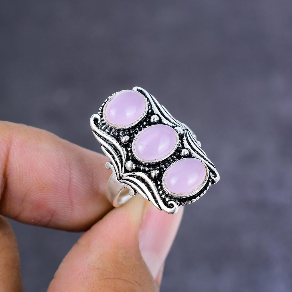Natural Rose Quartz Gemstone Handmade 925 Sterling Silver Ring Size 10 h8A24