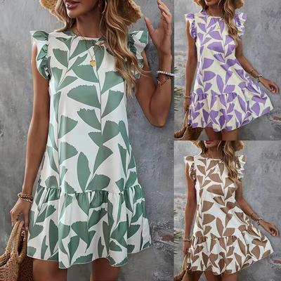 2024 Summer Ruffled Sleeve Loose Casual Dresses Women Round Neck Printed Short Dress Woman Fashion A Line Elegant Holiday Beach Dress 24500