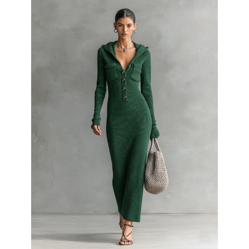 IHUASU Fashion Spring Autumn Solid Color Print Long Sleeve Casual Dresses